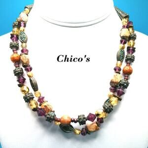 Chico's Gemstone Beaded Necklace, Brass Beads End Caps, Quartz Glass Brass, 19"